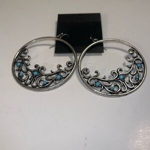 Silver Tone Hoop Earrings Turquoise Inlay Filigree Boho Gypsy Statement